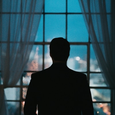 Homme de dos regardant la vue de sa fenêtre de nuit
