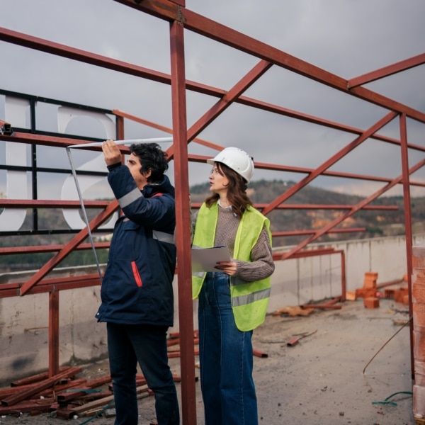 Un homme et une femme debout sur un chantier